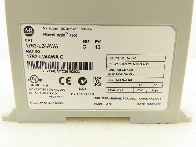Allen Bradley 1762-L24AWA MicroLogix 1200 PLC Processor Ser C Fw 12