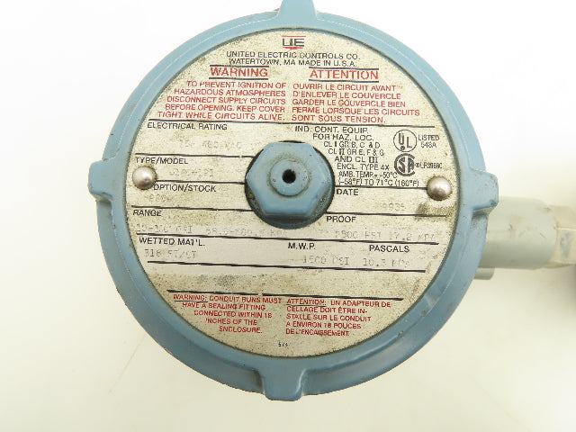 United Electric Controls J120-191 Pressure Switch With Base 480VAC 15A 10-100PSI