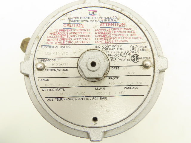 United Electric Controls H121-274 Pressure Switch 480VAC 15A 0-300PSI 3/4"NPT