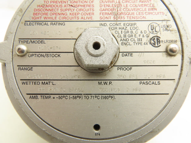 United Electric Controls H121-274 Pressure Switch 480VAC 15A 0-300PSI 3/4"NPT