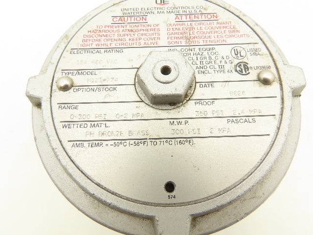 United Electric Controls H121-274 Pressure Switch 480VAC 15A 0-300PSI 3/4"NPT