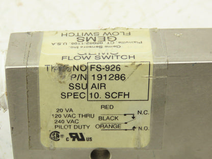 Gems Sensors FS-926 Liquid Flow Switch 240VAC 20VA 50-300CC/Minute 1/4"NPT