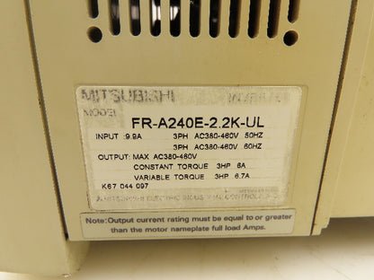 Mitsubishi FR-A240E-2.2K-UL Freqrol-A200 Inverter AC Drive 3Hp 460V 3PH VFD