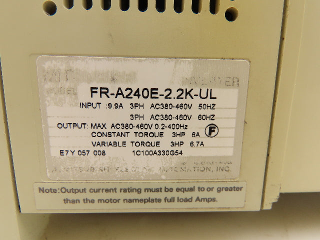 Mitsubishi FR-A240E-2.2K-UL Freqrol-A200 Inverter AC Drive 3Hp 460V 3PH VFD