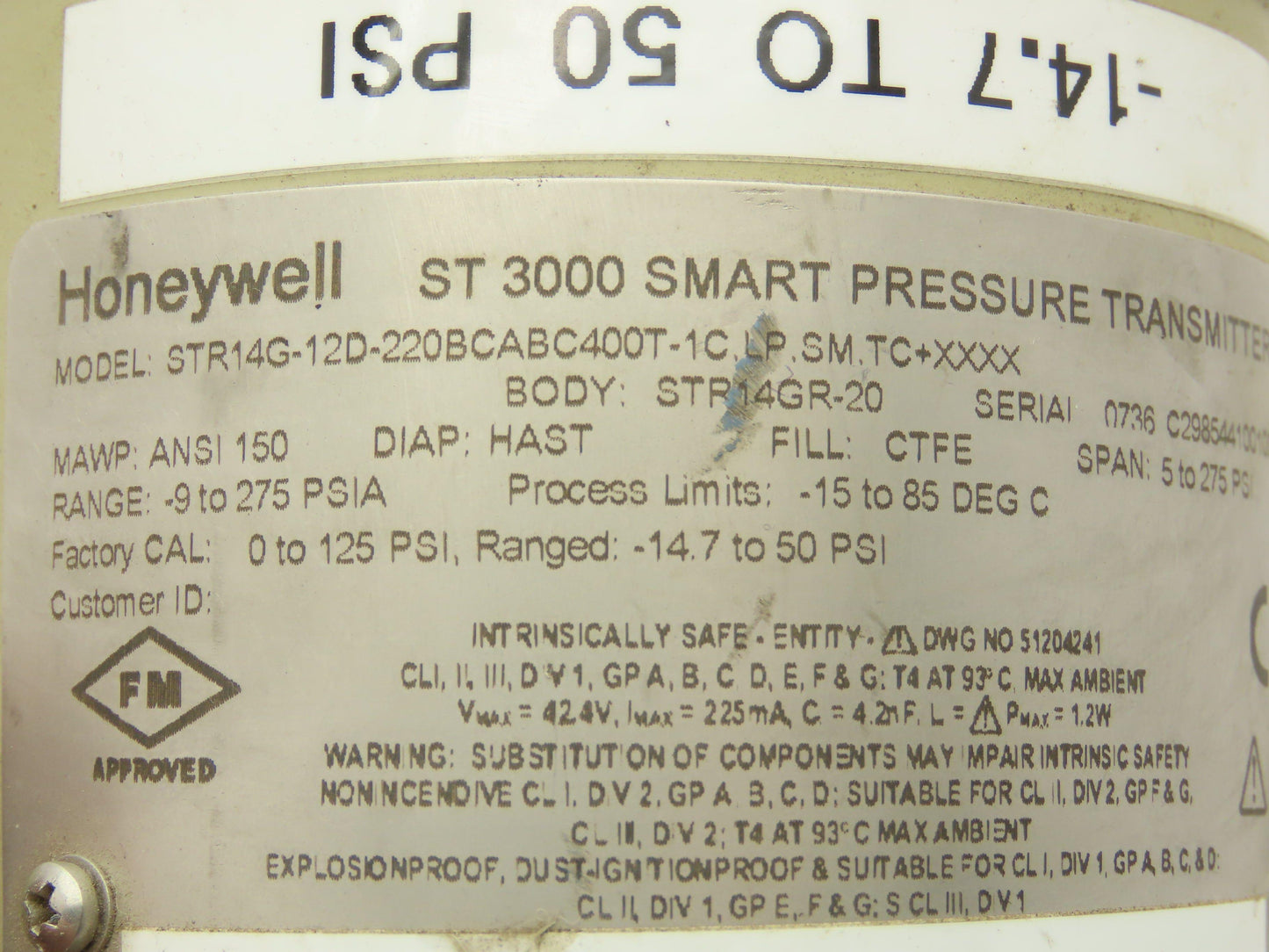 Honeywell STR14G-12D ST 3000 Smart Pressure Transmitter -14.7-50 PSI