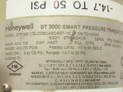 Honeywell STR14G-12D ST 3000 Smart Pressure Transmitter -14.7-50 PSI