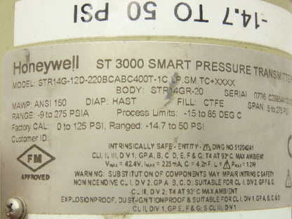 Honeywell STR14G-12D ST 3000 Smart Pressure Transmitter -14.7-50 PSI