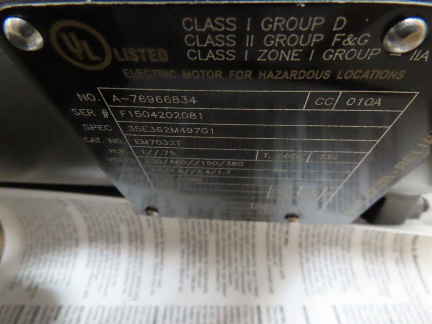 Baldor EM7032T Electric Motor 1 Hp 3Ph 230/460V 1155RPM XPFC Explosion Proof