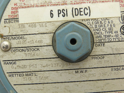 United Electric J120-S144B Pressure Switch 15A 480VAC 0.5-20 PSI