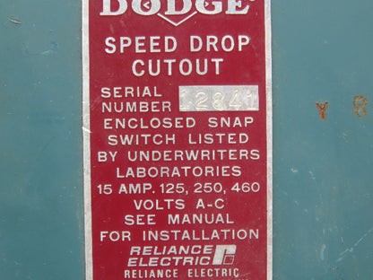 Reliance Electric Dodge 12841 Speed Drop Cutout Enclosed Snap Switch 120-460VAC 15A 5/8" Shaft
