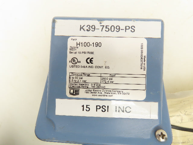 United Electric H100-190 Pressure Switch 5-30 PSI Hex Valve and Gauge