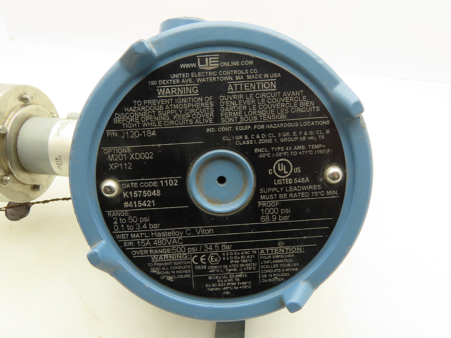 United Electric J120-184 Pressure Switch 480VDC 15A 2-50PSI 3/4"NTP