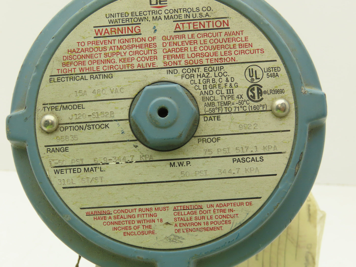 United Electric J120-S152B Pressure Switch 15A 480VAC 1-50 PSI