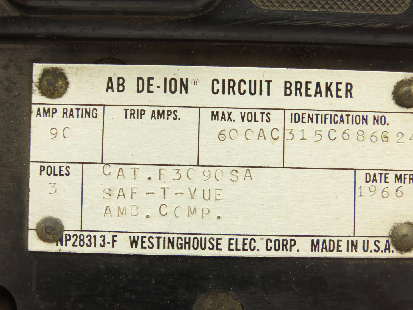Westinghouse AB DE-ION 3-Pole Circuit Breaker 90A 600V 3PH