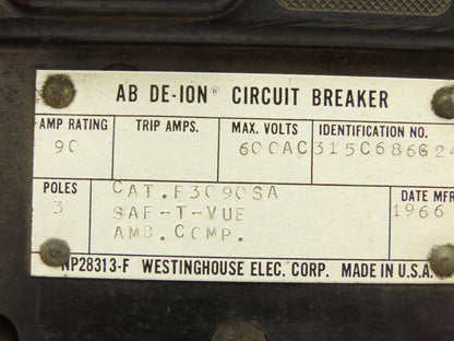 Westinghouse AB DE-ION 3-Pole Circuit Breaker 90A 600V 3PH
