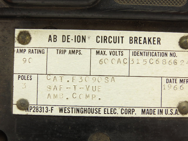 Westinghouse AB DE-ION 3-Pole Circuit Breaker 90A 600V 3PH