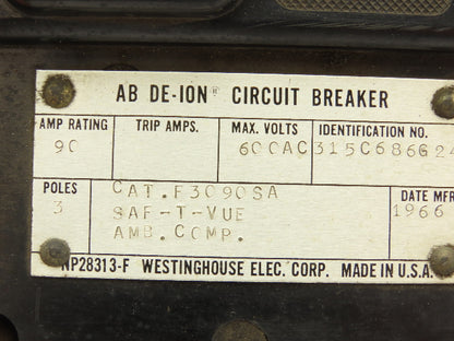 Westinghouse AB DE-ION 3-Pole Circuit Breaker 90A 600V 3PH