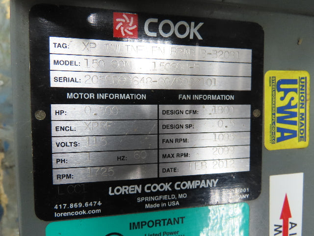 Cook 150SQN XP Inline Blower Fan 1800CFM 1/2Hp XPRF 115/230V 1Ph Belt Drive