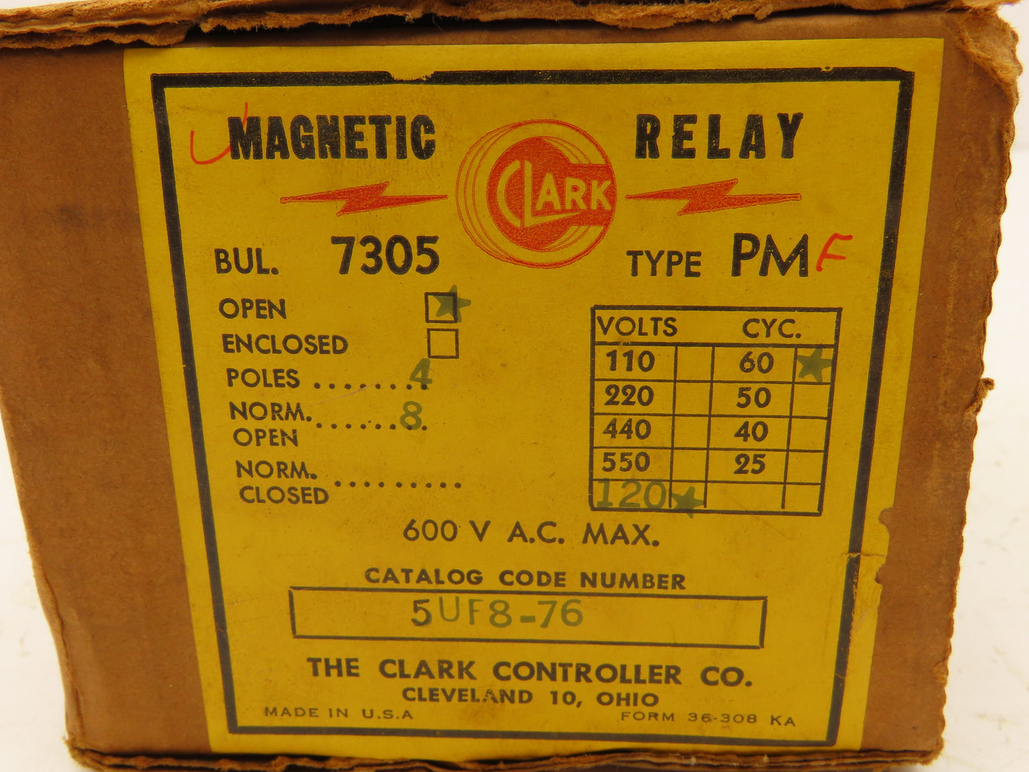 Clark 5UF8-76 AC Relay Type PMF 110/120V Duplex Pole 8 NO 4 Pole