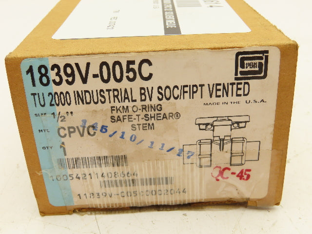 Spears 1839V-005C Industrial Ball Valve True Union CPVC Type 2000 1/2" Vented
