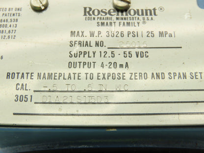 Rosemount 3051 Smart Pressure Transmitter  -.5 to .5" WC 3051D1A21S1I5D3