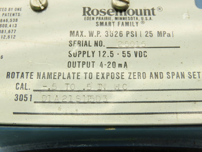 Rosemount 3051 Smart Pressure Transmitter  -.5 to .5" WC 3051D1A21S1I5D3