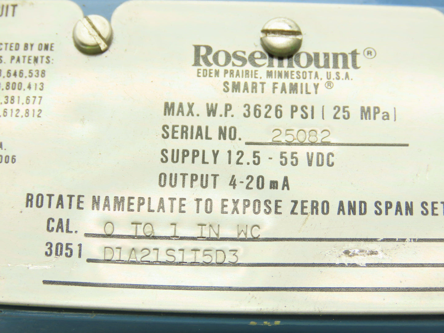 Rosemount 3051 D1A21S1I5D3 Smart Pressure Transmitter 0 to 1" WC 1/4" Manifold