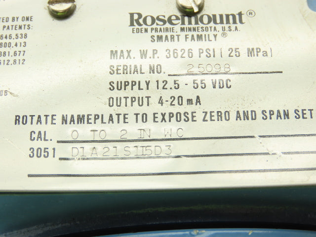 Rosemount 3051 D1A21S1I5D3 Smart Pressure Transmitter 0 to 2" WC 1/4" Manifold