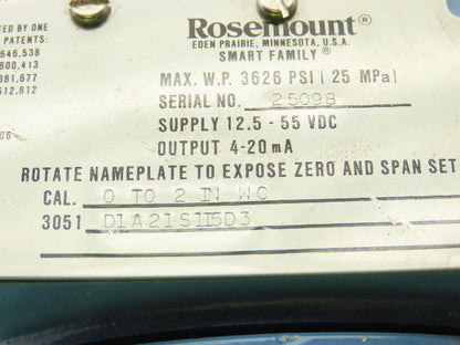 Rosemount 3051 D1A21S1I5D3 Smart Pressure Transmitter 0 to 2" WC 1/4" Manifold
