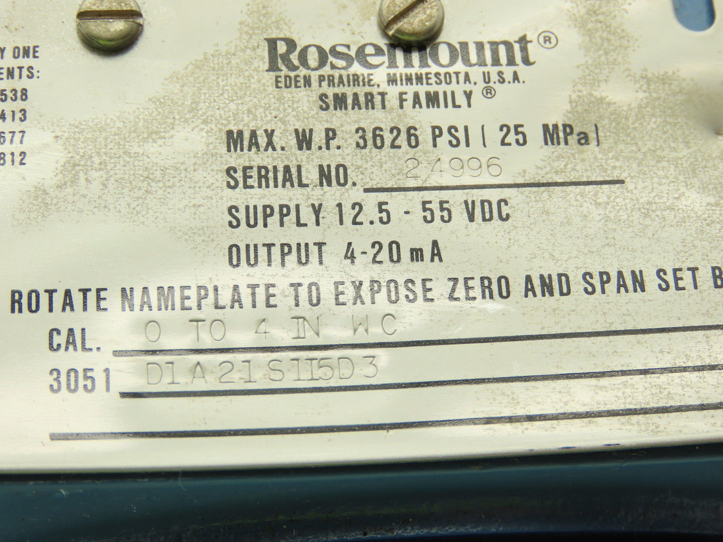 Rosemount 3051 D1A21S1I5D3 Smart Pressure Transmitter 0 to 4" WC 1/4" Manifold