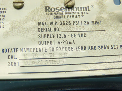Rosemount 3051 D1A21S1I5D3 Smart Pressure Transmitter 0 to 4" WC 1/4" Manifold