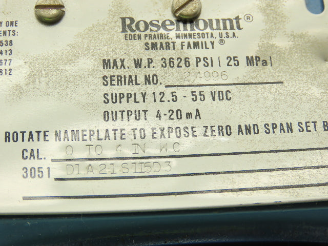 Rosemount 3051 D1A21S1I5D3 Smart Pressure Transmitter 0 to 4" WC 1/4" Manifold