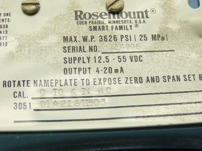 Rosemount 3051 D1A21S1I5D3 Smart Pressure Transmitter 0 to 4" WC 1/4" Manifold