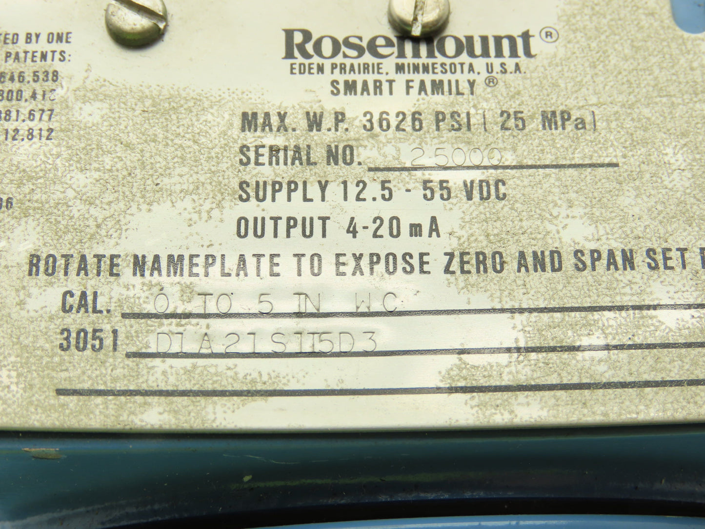 Rosemount 3051 D1A21S1I5D3 Smart Pressure Transmitter 0 to 5" WC 1/4" Manifold