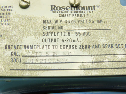 Rosemount 3051 D1A21S1I5D3 Smart Pressure Transmitter 0 to 5" WC 1/4" Manifold