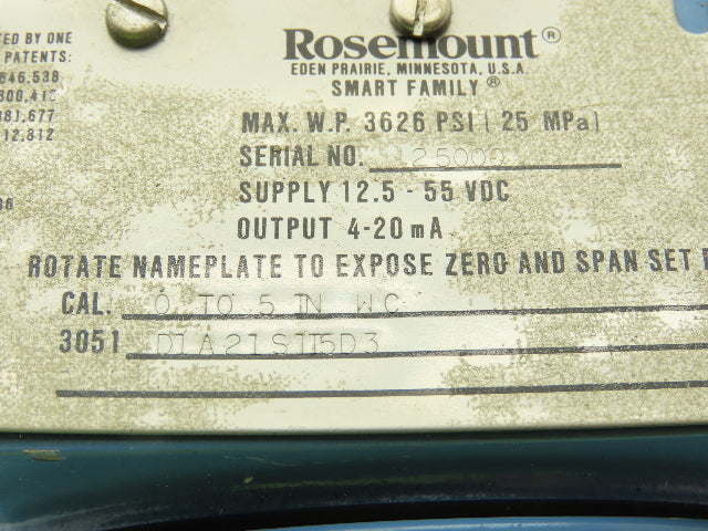 Rosemount 3051 D1A21S1I5D3 Smart Pressure Transmitter 0 to 5" WC 1/4" Manifold
