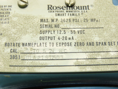 Rosemount 3051 D1A21S1I5D3 Smart Pressure Transmitter 0 to 5" WC 1/4" Manifold
