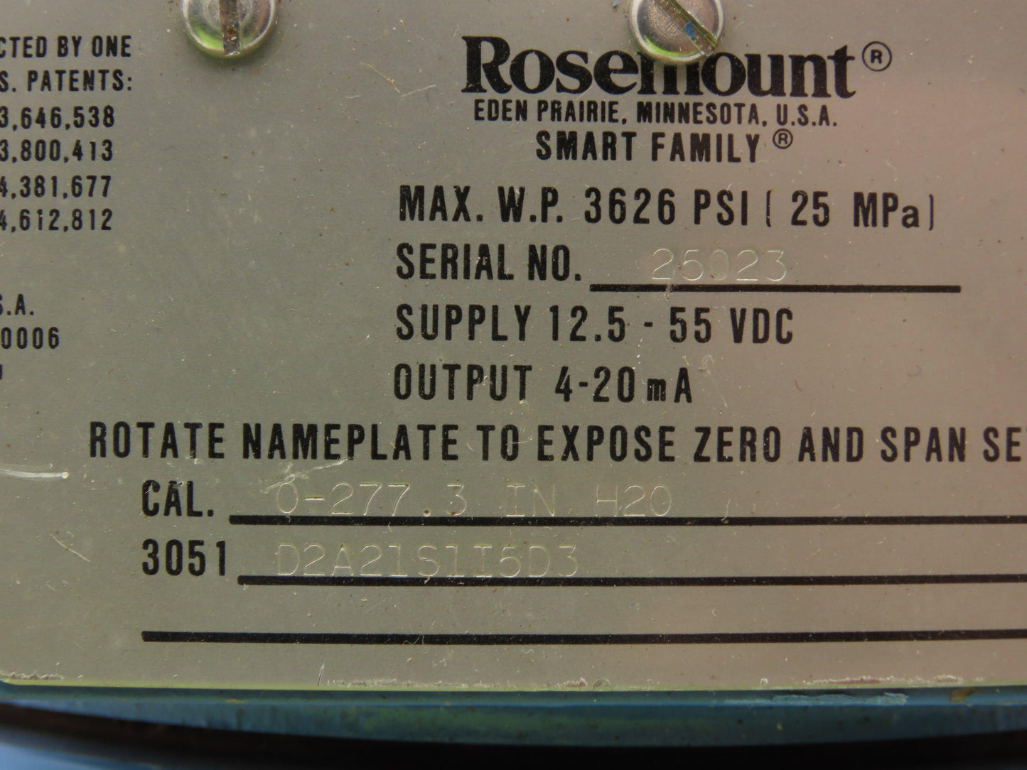 Rosemount 3051 D2A21S1I5D3 Smart Pressure Transmitter 0-277.3" H2O