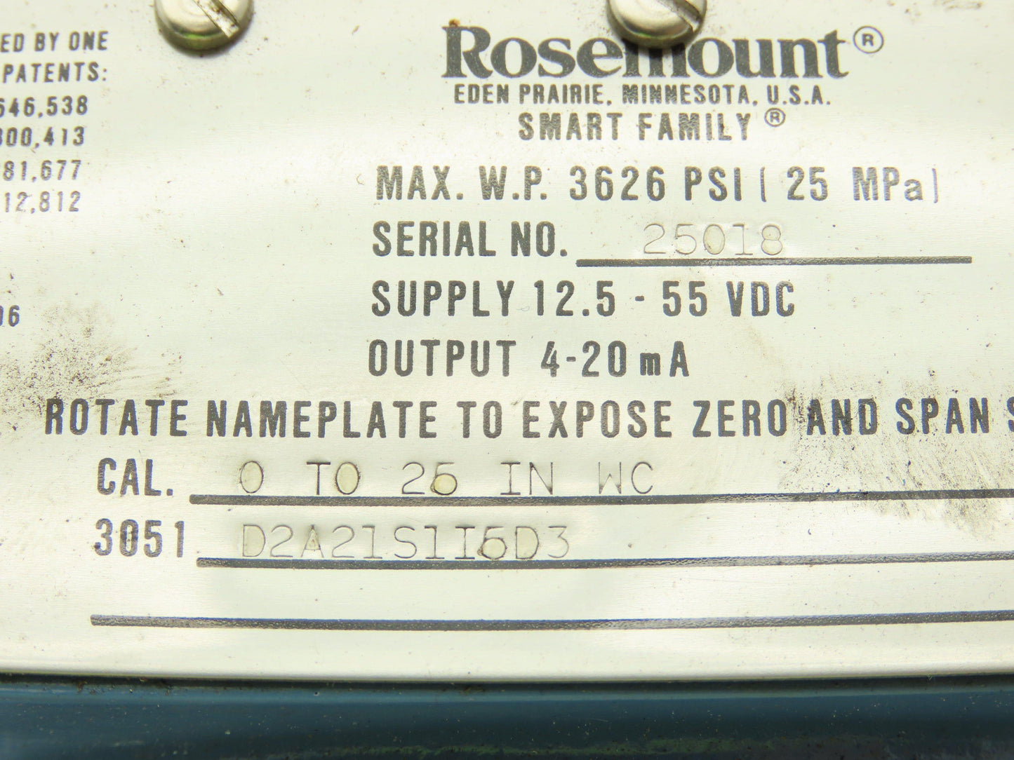 Rosemount 3051 D2A21S1I5D3 Smart Pressure Transmitter 0 to 25" WC 1/4" Manifold