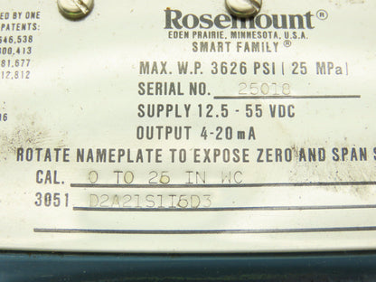 Rosemount 3051 D2A21S1I5D3 Smart Pressure Transmitter 0 to 25" WC 1/4" Manifold