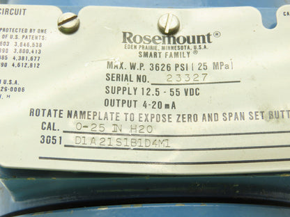 Rosemount 3051 D1A21S1B1D4M1 Smart Pressure Transmitter 0-25" H2O 	1/4" Manifold