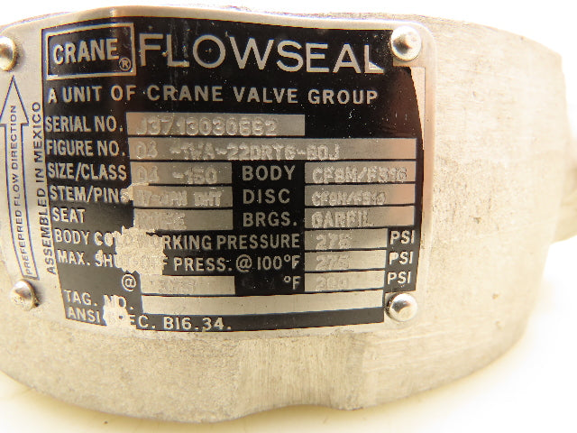 Crane Flowseal 04-1WA-22DRTG-BOJ Stainless Butterfly Valve 4" Wafer Style 150#