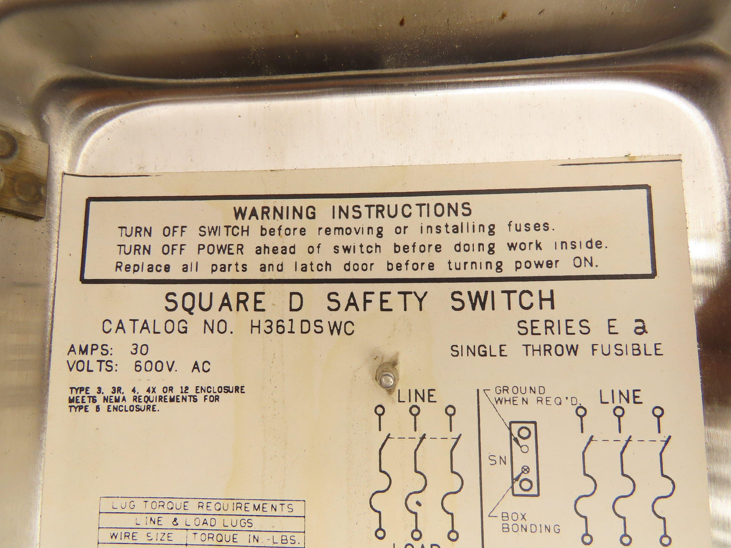 Square D H361DSWC Safety Disconnect Switch 30A 3P 600V Fusible SS Crouse Hinds