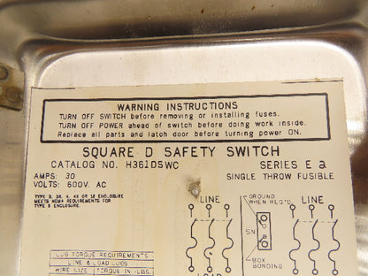 Square D H361DSWC Safety Disconnect Switch 30A 3P 600V Fusible SS Crouse Hinds