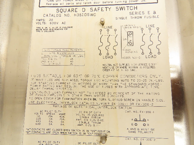 Square D H361DSWC Safety Disconnect Switch 30A 3P 600V Fusible SS Crouse Hinds