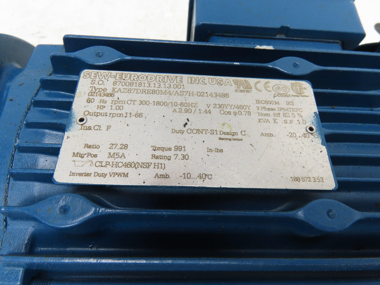 Sew-Eurodrive KAZ67DRE80M4/AS7H Variable Speed Gearmotor w/Encoder 27:1 Reducer