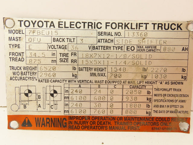 Toyota ACA1223 Electric Forklift 7FBEU15 Plug Relay 48VDC