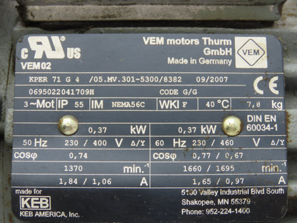 Leeson HMQ518-37-H-56-12 Reducer 37:1 Gearmotor .5Hp 46 RPM 230/460V 3PH 56C
