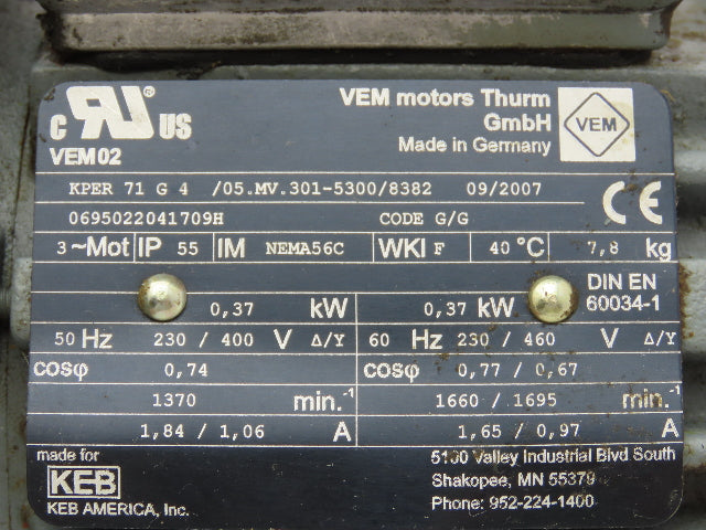 Leeson HMQ518-37-H-56-12 Reducer 37:1 Gearmotor .5Hp 46 RPM 230/460V 3PH 56C