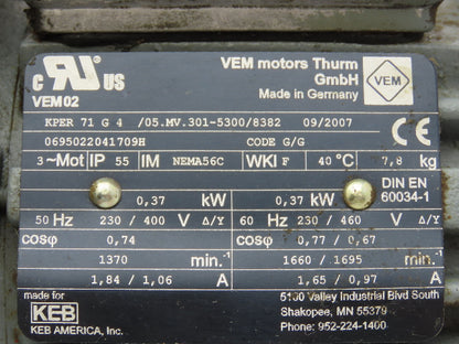Leeson HMQ518-37-H-56-12 Reducer 37:1 Gearmotor .5Hp 46 RPM 230/460V 3PH 56C